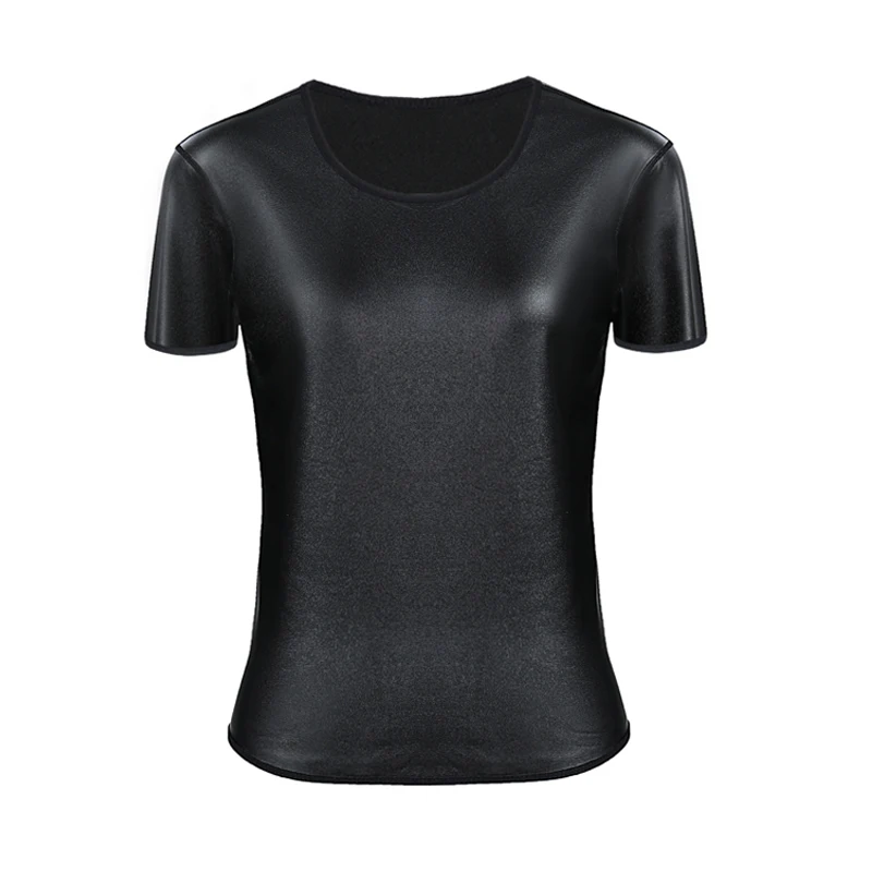نمط جديد المرأة دراجة نارية فو الجلود قصيرة الأكمام المجهزة تي شيرت أعلى محدد شكل الجسم مدرب خصر سليم التي شيرت أزياء ملابس داخلية