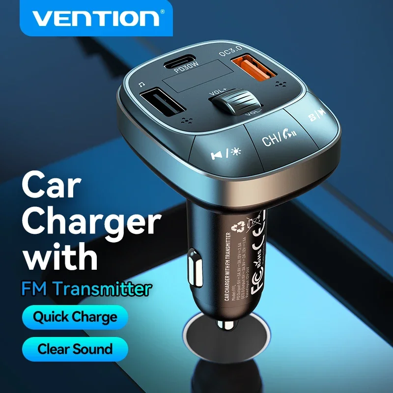 Vention FM Transmitter Car Bluetooth 5.0 Music Adapter 3A 30W Dual USB Car Charger MP3 Player Radio FM Modulator