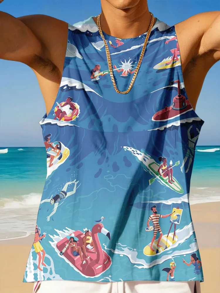 Men's round neck vest printed summer casual sleeveless top men's outdoor beach fashion vest