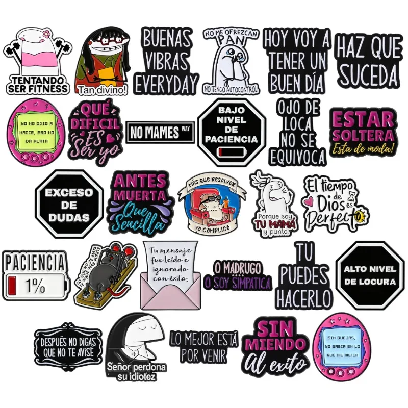 Coleção de citações espanholas, alfinetes esmaltados, memes flork, broches de fitness, distintivo de gíria, bateria fraca, paciência, rato, joia, presente