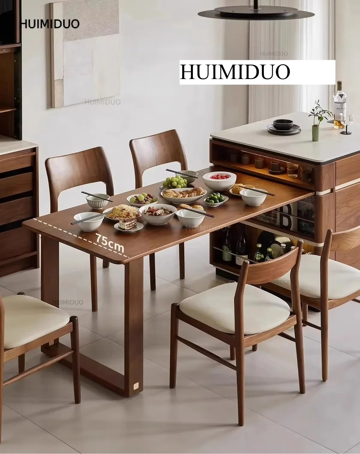 W Wood Wind North American Black Walnut Rock Slab Island Dining Table Integrated Household Retractable Rock Slab Dining Table
