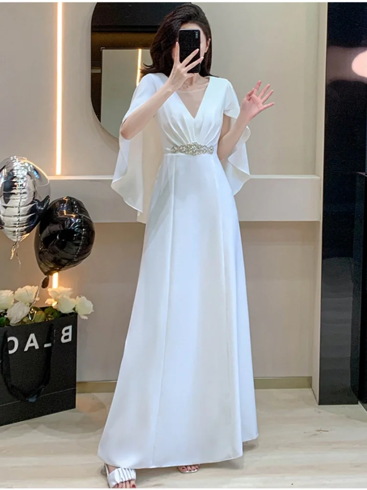 

Solid Slimming Temperament Elegant Dresses For Women Round Neck White Luxury Beaded Long Dress Female Elegant Clothing New