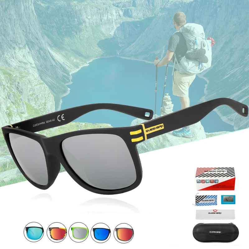 Queshark hombres polarizados Camping pesca senderismo gafas UV400 gafas de sol cuadradas al aire libre mujeres Trekking gafas de conducción con caja