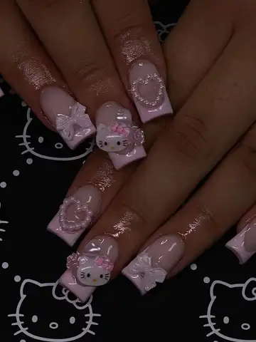 24 Medium Square Nail Pink French Cute Cartoon Cat White Love Camellia Nail Patch Jelly Powder Bow Wear Nail Set