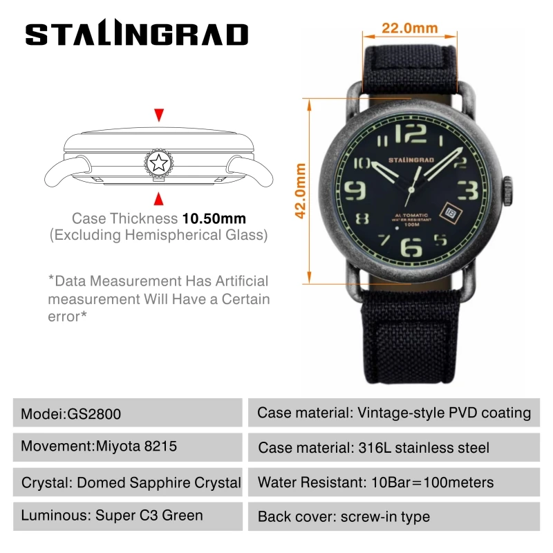 STALINGRAD Original Genuine Mechanical Men's Watch 8215 Movement with Luminous Display, 100 Meter Waterproof, Comes with a Strap