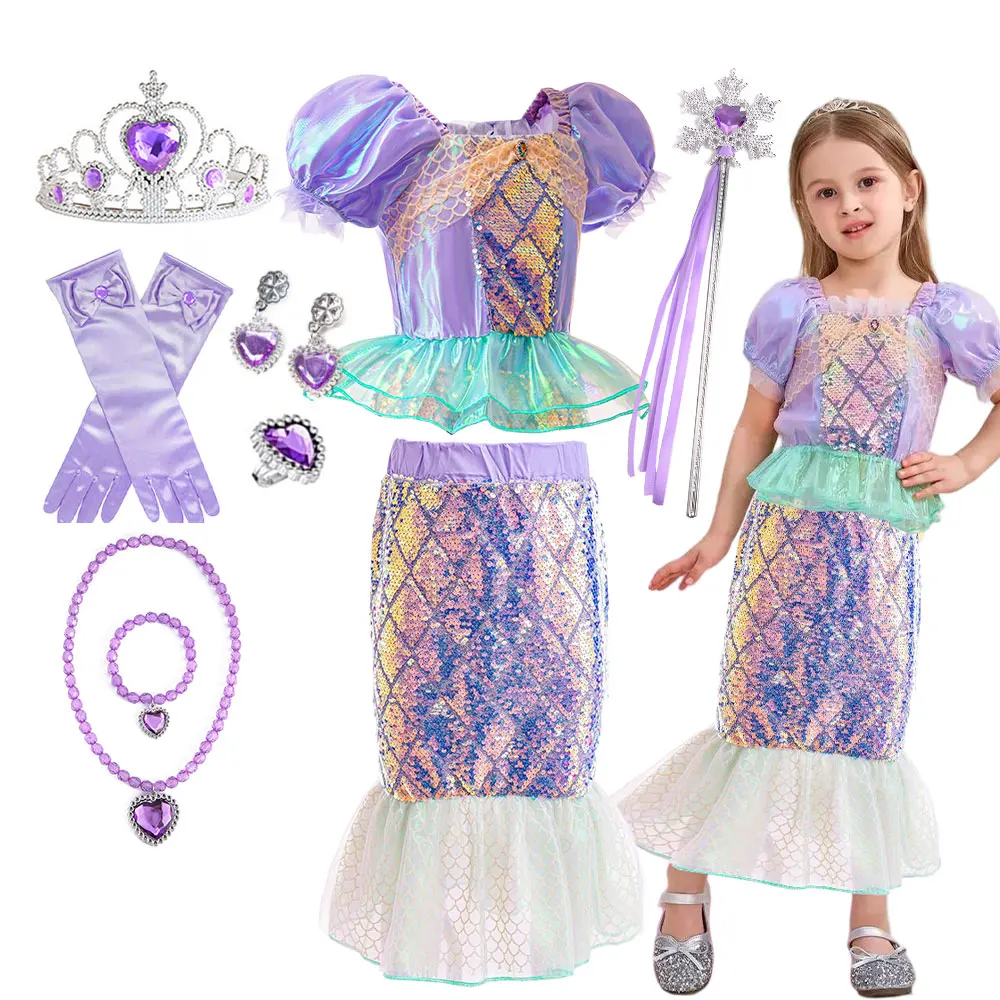Summer Kids Mermaid Tail Costume Fancy Dress Sparkly Purple Ariel Outfit for Princess Birthday Party Hallowen Carnival Cosplay