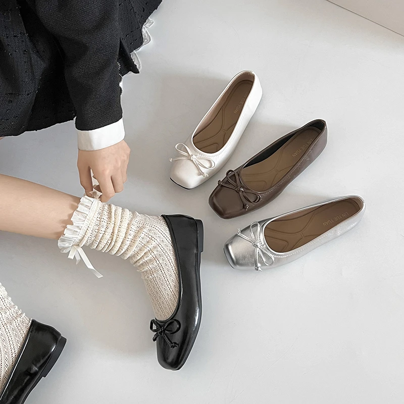 

Bowtie Flat Shoes Women Ballerinas Square Toe Slip on Mary Jane Shoes Lazy Loafers Moccasins Ladies Casual Comfort Shoes 2026