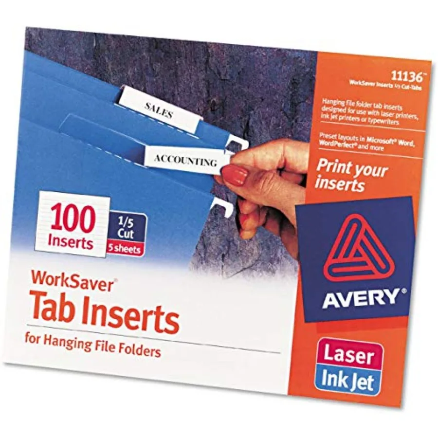 : Laser/Inkjet Inserts for Hanging File Folders, 1/5 Tab, 2in, White, 100/Pack -:- Sold as 2 Packs of - 100 -/ - Total of 200 E view 2