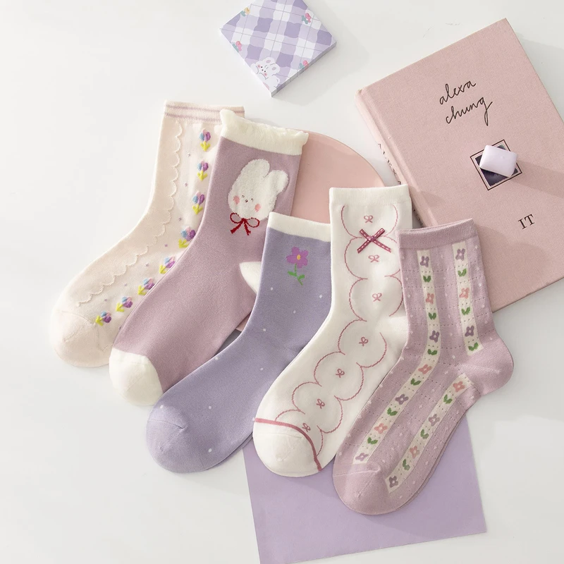 Caramella Women Cute Socks Purple Cotton Girl Socks Cartoon Plaid Flowers Animal Print Pattern Funny Ins Spring Autumn 5 Pairs