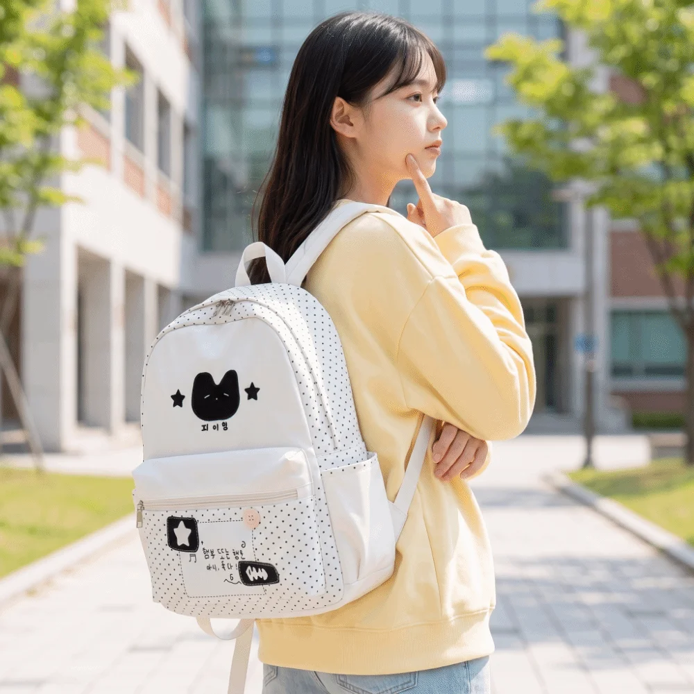 Nylon Polka Dot Patchwork Backpack Large Capacity Lightweight Cat Print Daypack Multi Pocket Polyester Lining School Bag