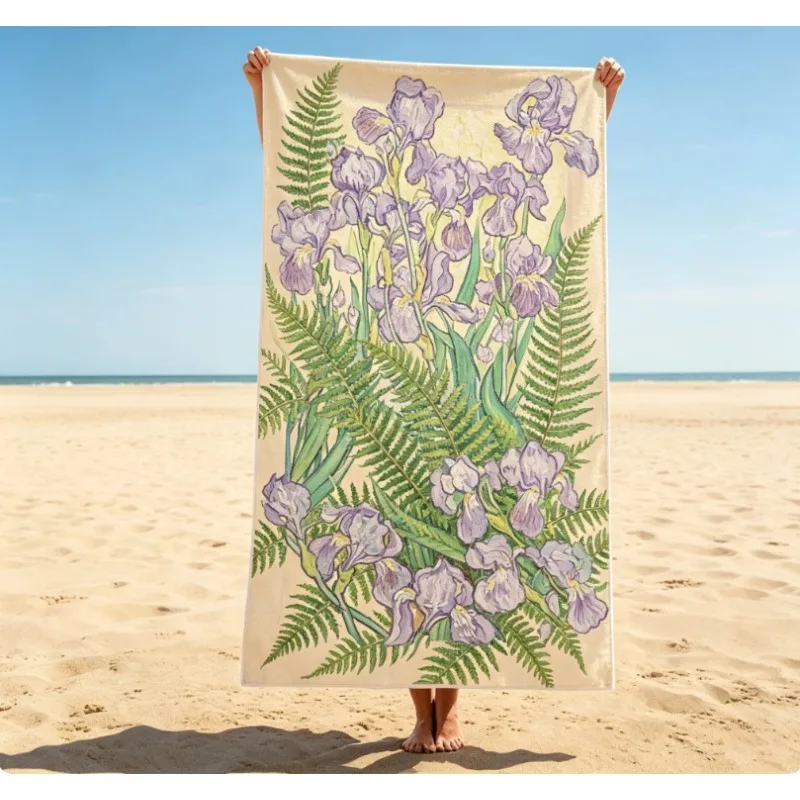 Van Gogh Irises Art Print Beach Towel, Microfiber Sand Free Quick Dry, Impressionist Floral, Soft Absorbent for Summer & Pool