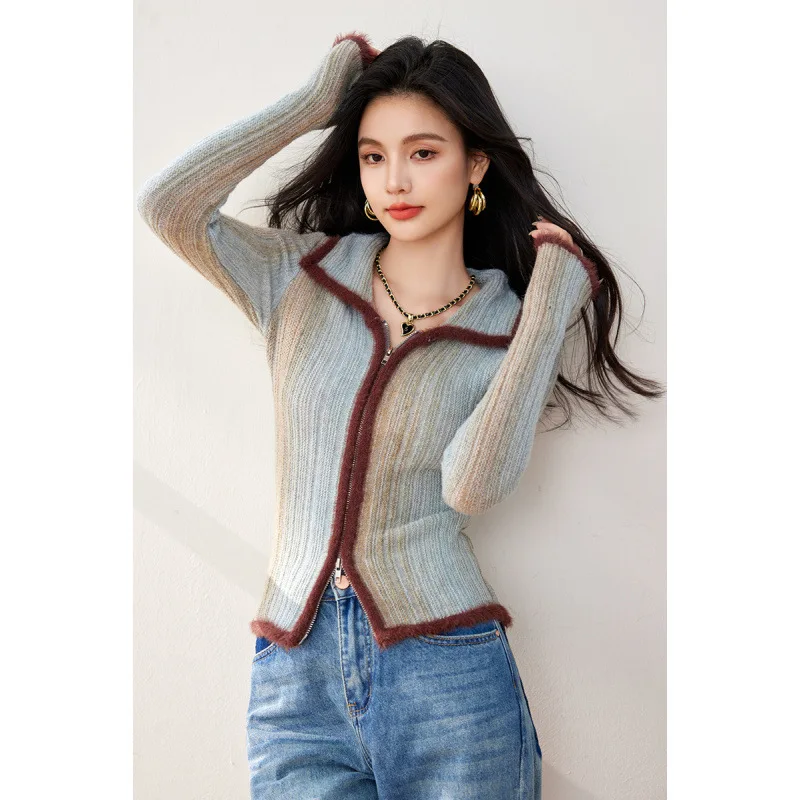 2024 Autumn and Winter New Unique American Retro Spice Girl Gradient Color Lapel Sweater Temperament Knitted Cardigan Woman