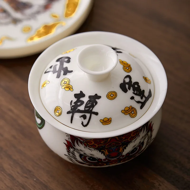 200ml Sheep Fat Jade porcelain Gaiwan Set For Tea Chinese Lion Tureen Teaware Big Tea Bowl Chawan Tea Cups Lily Deng’s Store