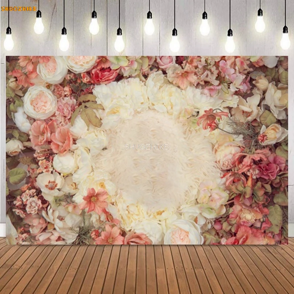 Sfondo fotografico per neonato, altalena floreale, pavimento in legno, decorazioni per feste di compleanno, banner, sfondo, studio fotografico