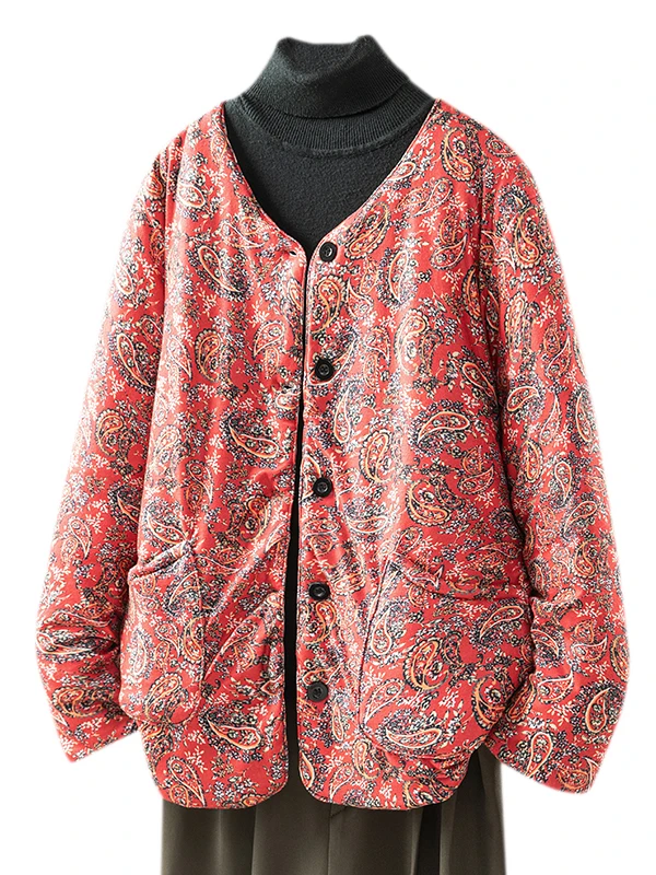 

Retro Cotton Jaet Women's plus Size Winter Warmth Floral Print Thiened Long Sve V-Ne Button-Up Outerwear Coat