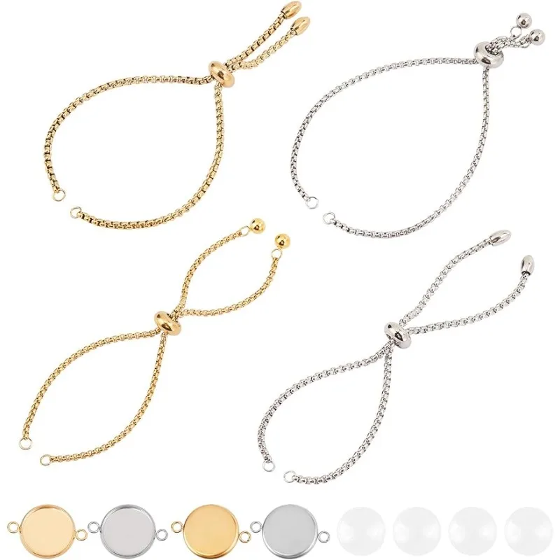 

About 4 Sets 2 Colors 22cm/24cm Stainless Steel Adjustable Slider Bracelets with Cabochon Connectors and Clear Glass Cabochons