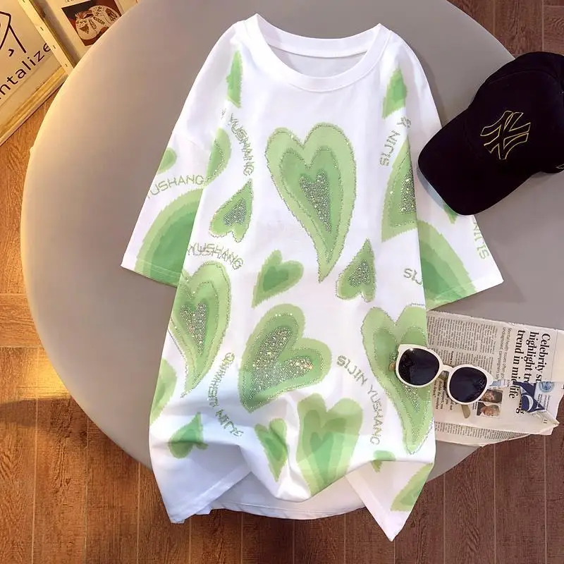 Camiseta holgada de talla grande 300 Pou Heavy Du con diamantes de imitación y corazón ort Sve para mujer, novedad de verano, camiseta versátil de longitud media Sle
