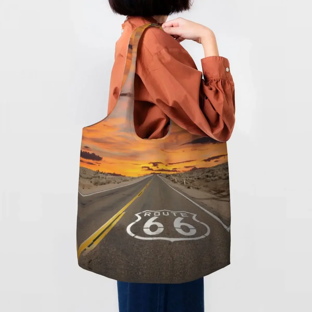 Funny Route 66 Shopping Tote Bag Reusable USA Highways Grocery Canvas Shoulder Shopper Bags Photographer Handbag