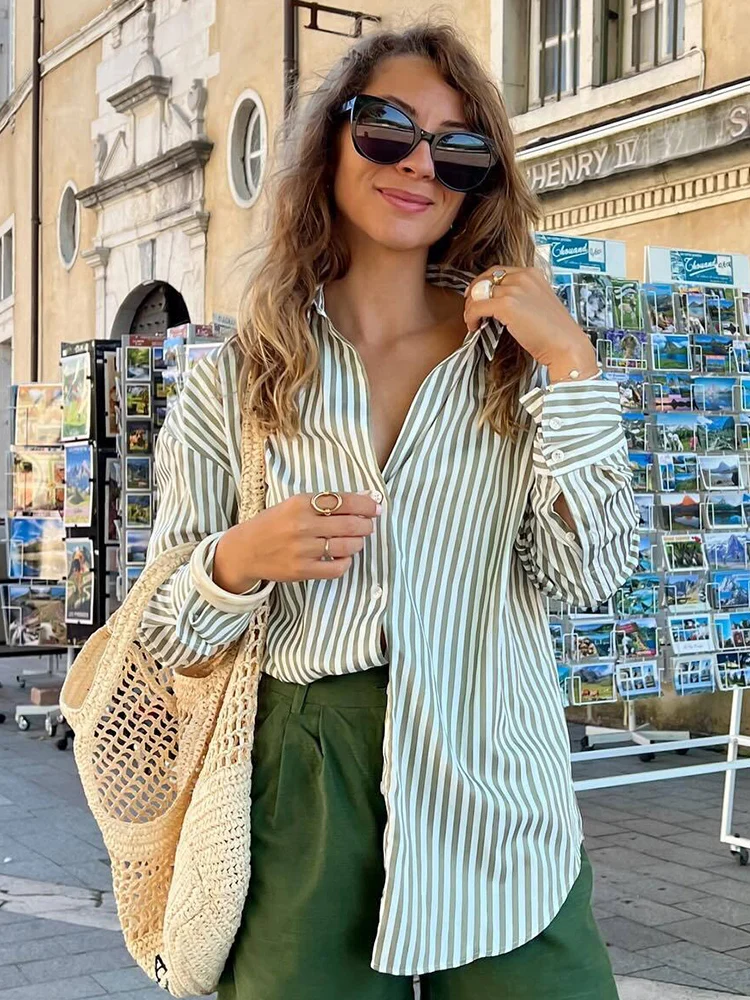 

TRAFZA Women's Fashion Turn Down Collar Long Sleeve Striped Drape Shirt Female Elegant Single Breasted High Street Casual Shirt