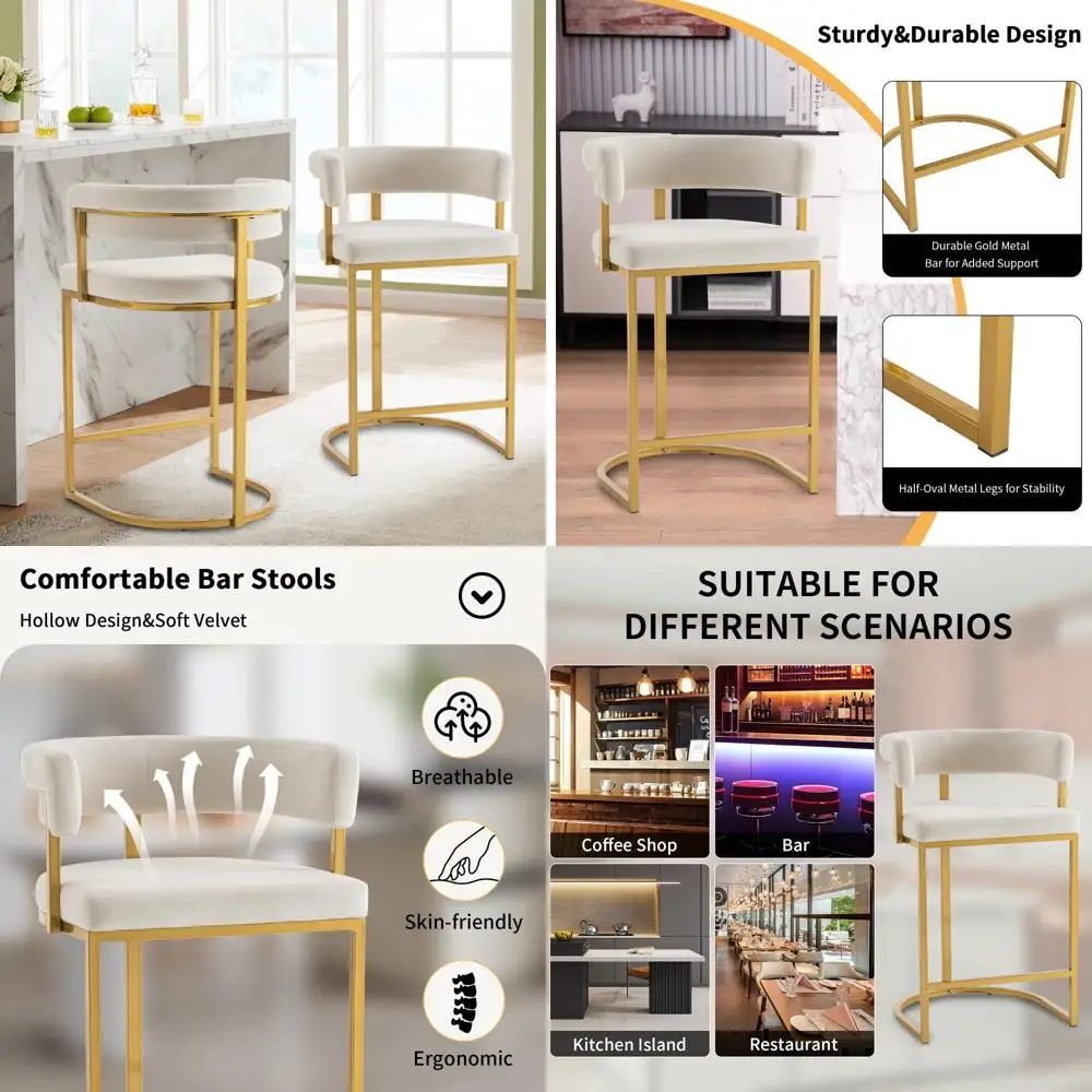 Pair of Beige Velvet Bar Stools with Barrel Backs, Upholstered Seats, Gold Footrests - 25.6 Seat Height
