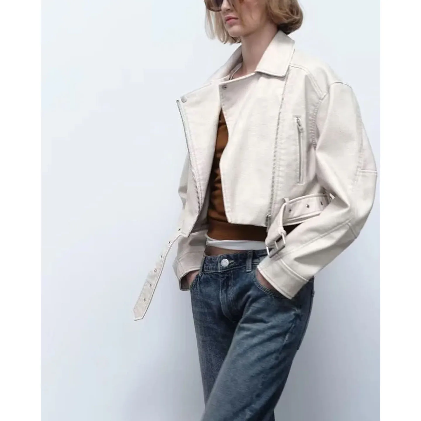 خريف 2025 جديد Sle طويل Sve بولي Leather الجلود الطيار Jaet معطف الوجه طوق سستة إغلاق تخفيف Sle فضفاضة تناسب البوليستر