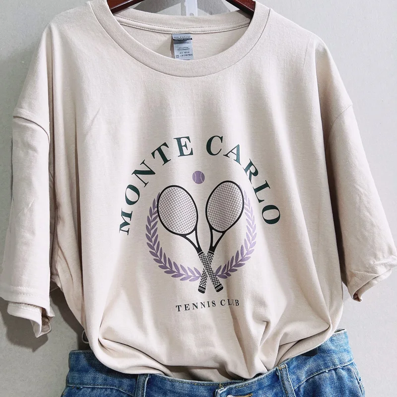 Monte Carlo Tennis Print Women's T-Shirt Summer Cotton Oversized T Shirt Aesthetic Vintage Shirt Streetwear Top Retro Clothes