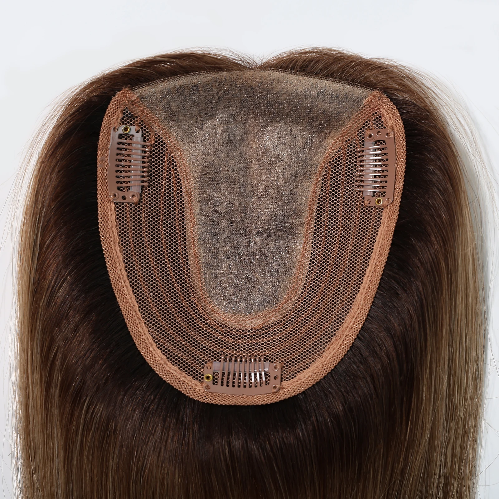 100% Remy Dark Brown To Light Blonde Highlights Human Hair Topper 12 inch Real Toppers with 3Clips for Women Hair Loss