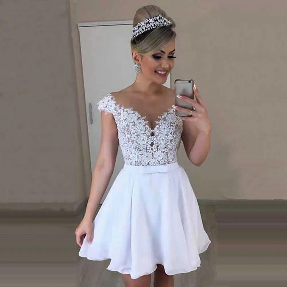 V Neck Two Pieces Wedding Dresses Lace Appliques Chiffon 2 in 1 Bridal Gowns Short Dress with Detachable Skirt Vestidos De Novia