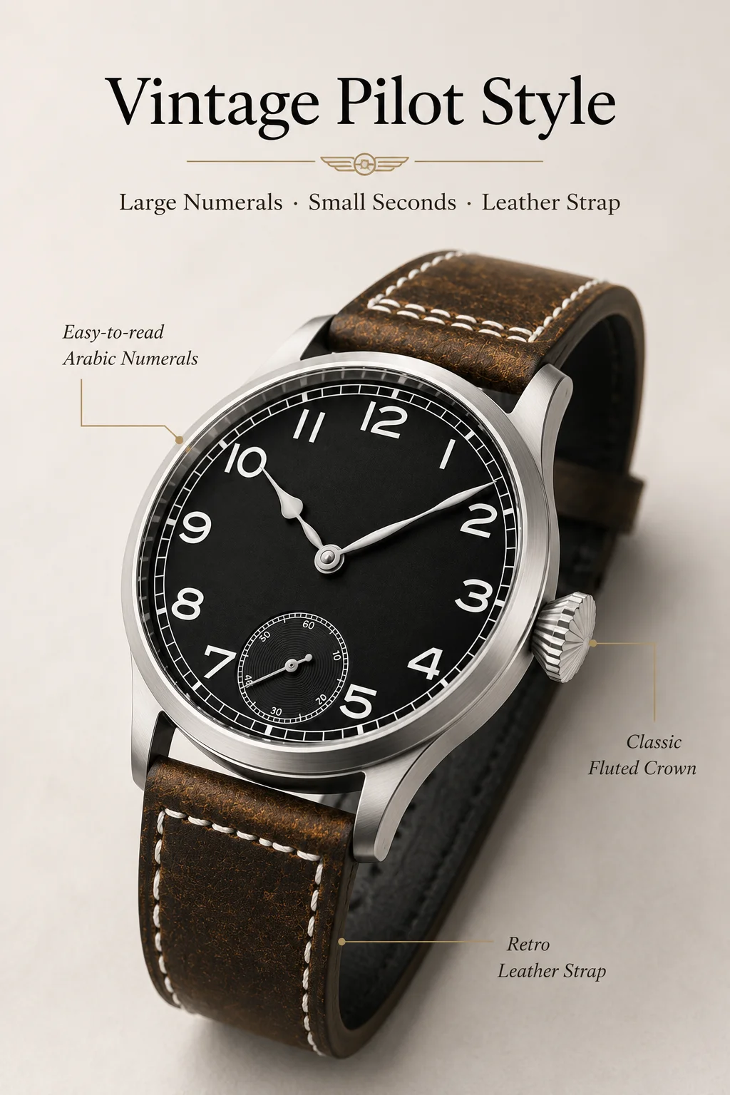 CORGEUT ST3621 Mechanische Handaufzugsuhr für Herren 42mm Saphirglas Vintage Pilotenuhr 316L Stahl Lederarmband Kleine Sekunde – Detail 3