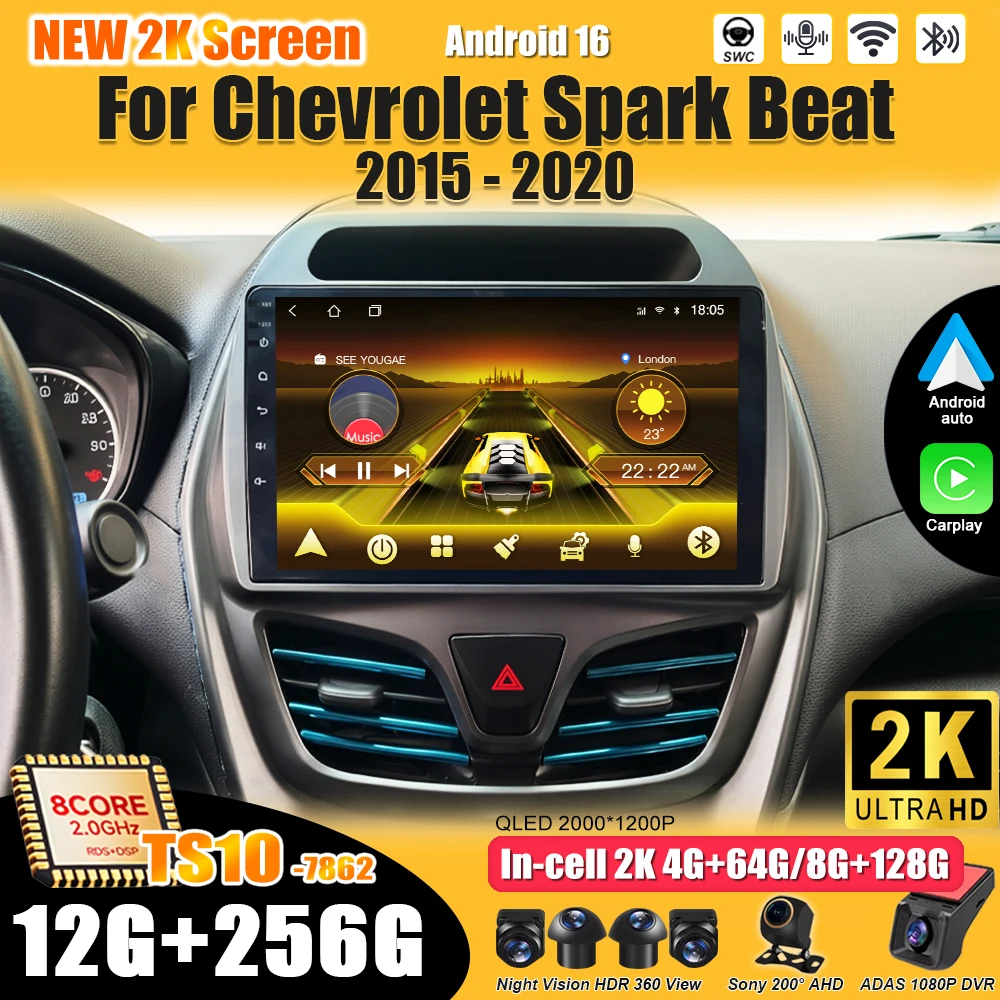 Radio para Auto Chevrolet Spark Beat 2015 2016 2017 2018 2019 2020 Android 16 2 Din Reproductor Multimedia de Video Carplay Bluetooth Wifi