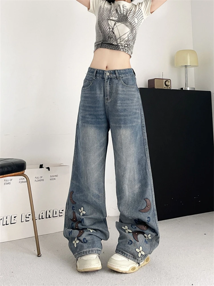 

Women's Embroidered Printed Rivets Thin Jeans American Summer Trousers Young Girl Street Bottoms Female High Waisted Denim Pant