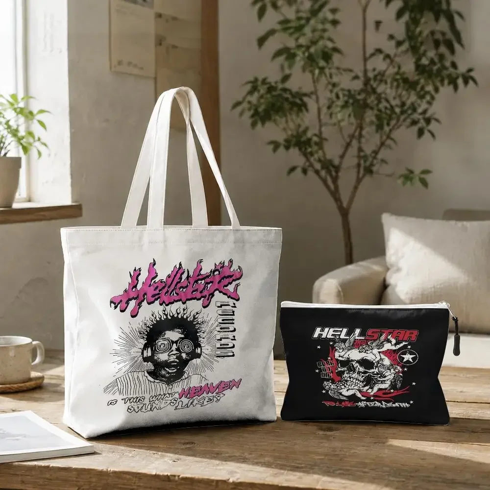 H-HellstarS Storage Bags 2PC Canvas Tote Bag Set with Zipper Handbags Makeup Pouch Set Travel Bag view 2