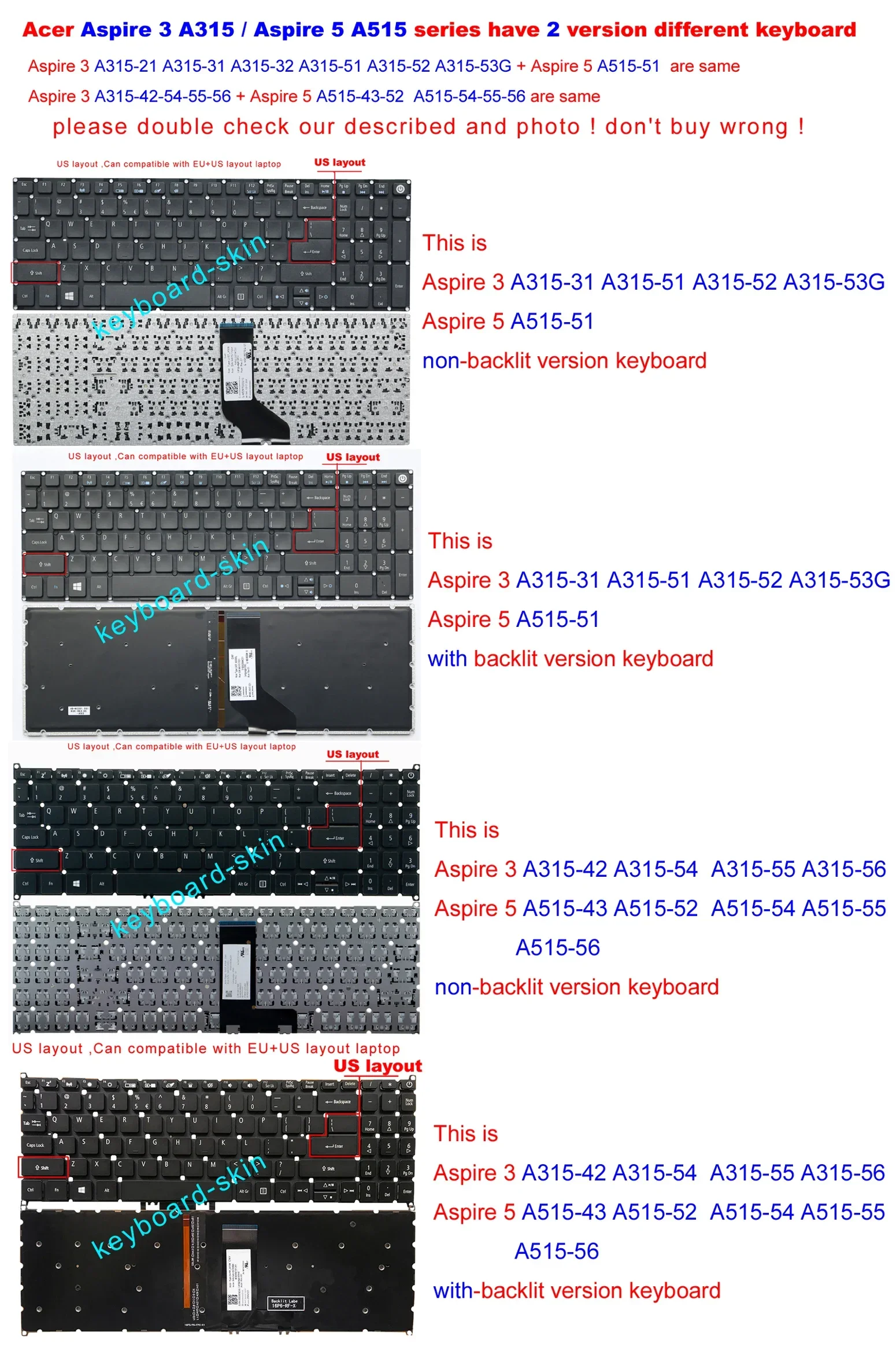 New US backlit keyboard For Acer Aspire 5 A515-41 A515-41G A515-51 A515-51G Aspire 3  A315-51G A315-52G A315-41G A315-33 A315-31