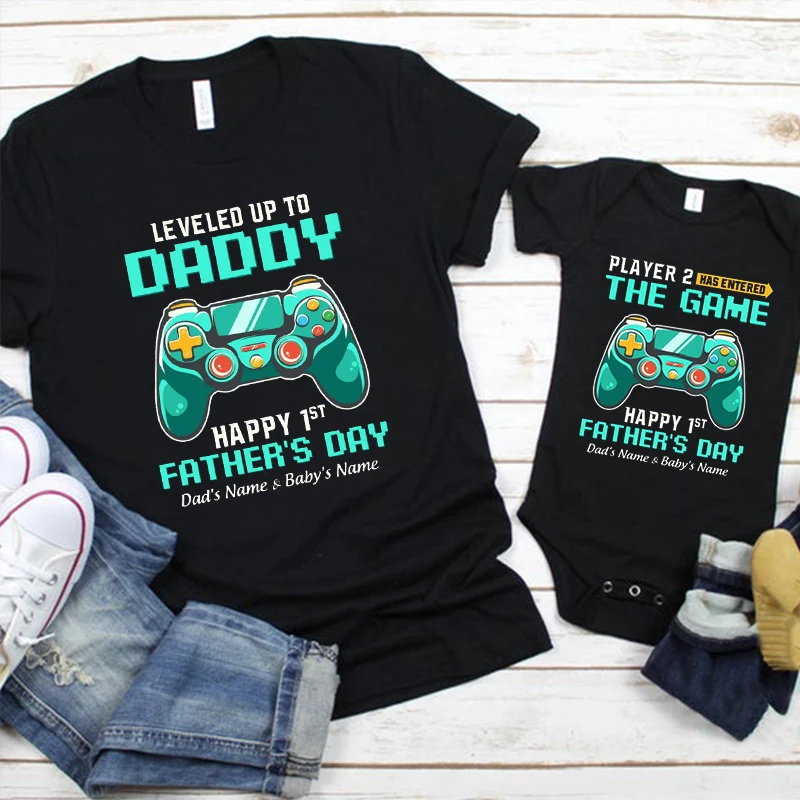 

Daddy Happy 1st Father's Day Custom T Shirt Player 1 Player 2 Shirts Personalized Gift Dad Name Tee Gift for Papa