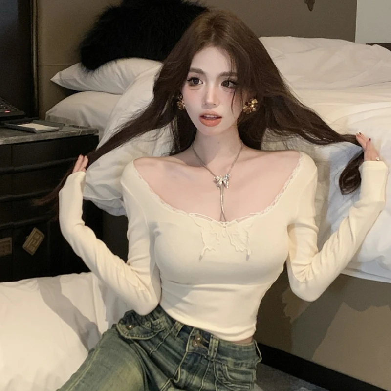 Sexy V-neck Pullovers Women Butterfly-lace Aesthetic Autumn Sweet Female Cropped Knit Tops Slim Fashion Korean Style Streetwear