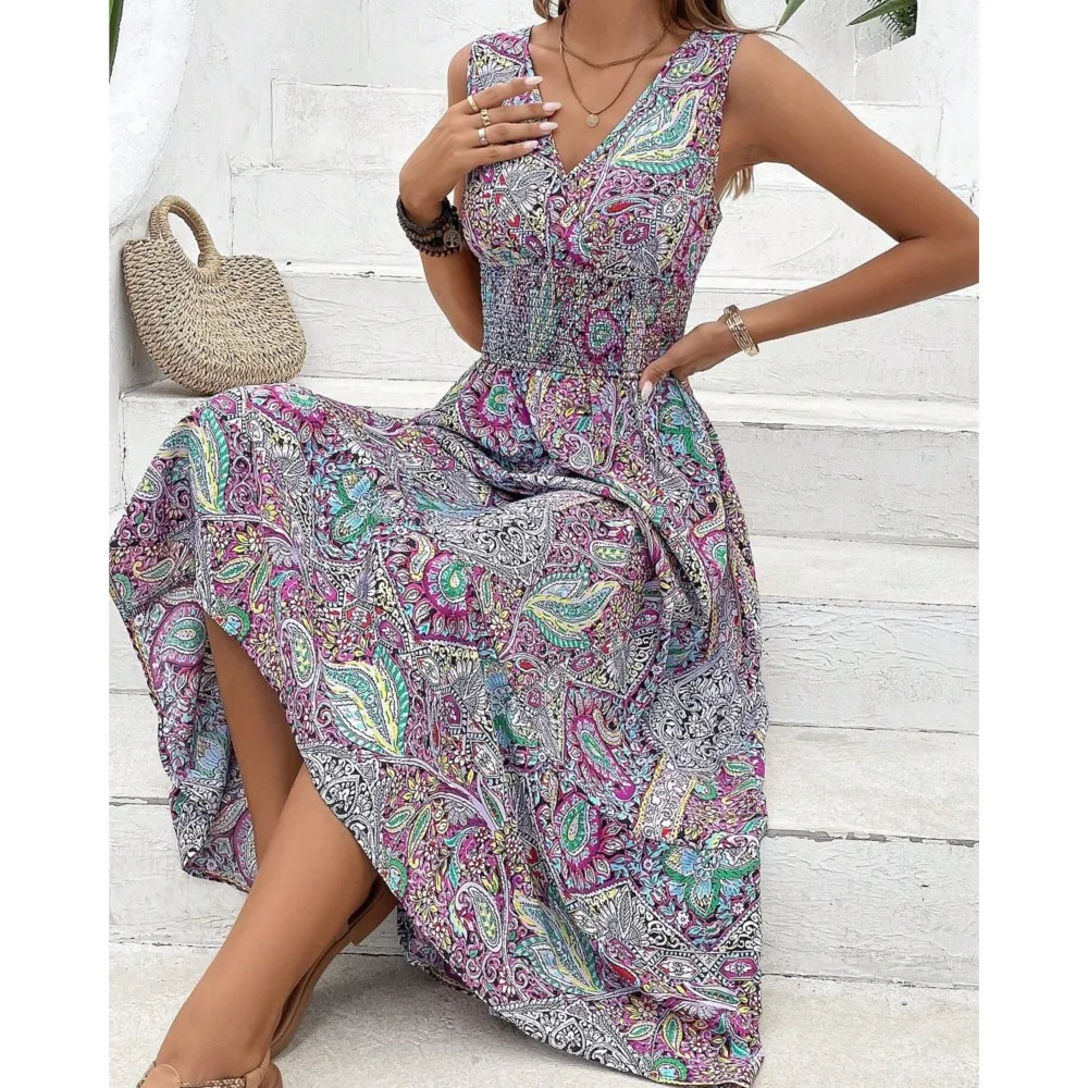 Abito maxi Boho senza maniche moda donna nuova stampa estiva elastico in vita bohemien elegante canotta abiti lunghi per donna Robe Femme