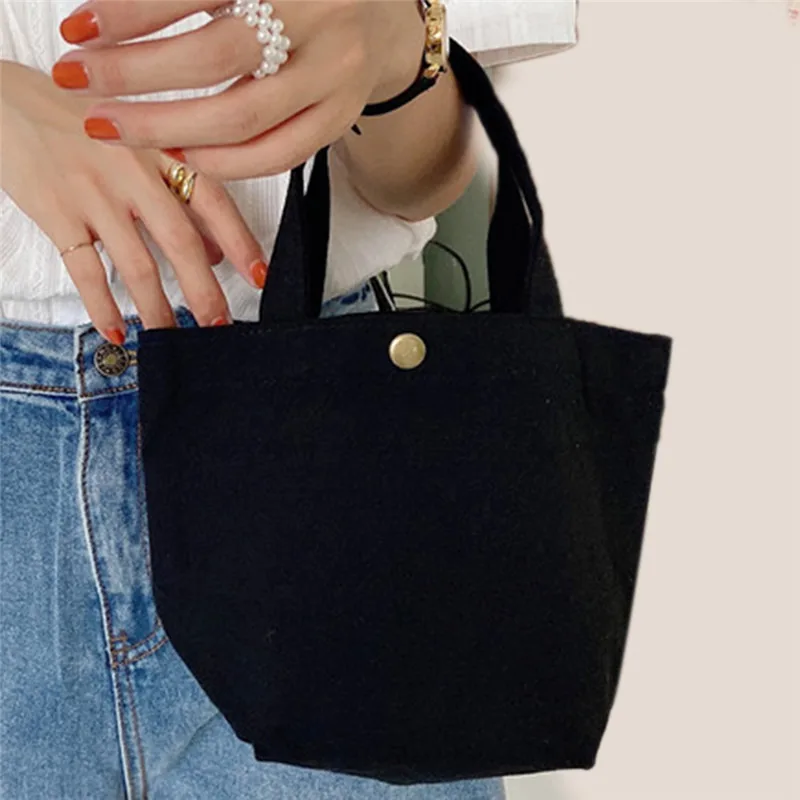 Simple Canvas Bag Women Shoulder Bags Foldable Picnic Pouch Small Tote Black Shopper Large Capacity Student Lunch Box