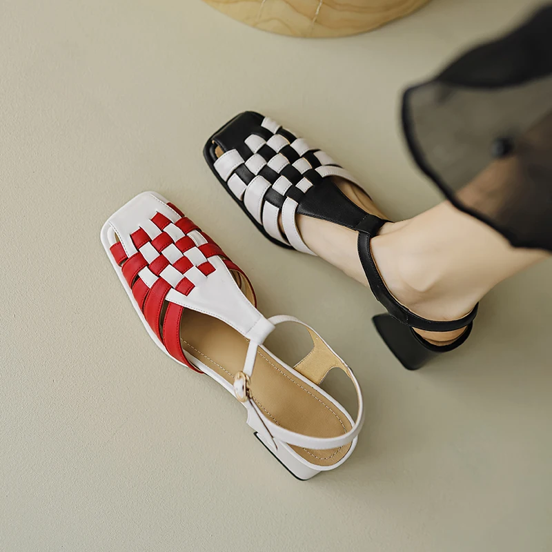 2024 new summer women sandals natural Leather shoes 22-24.5cm cowhide+pigskin full leather Woven low heeled toe sandals