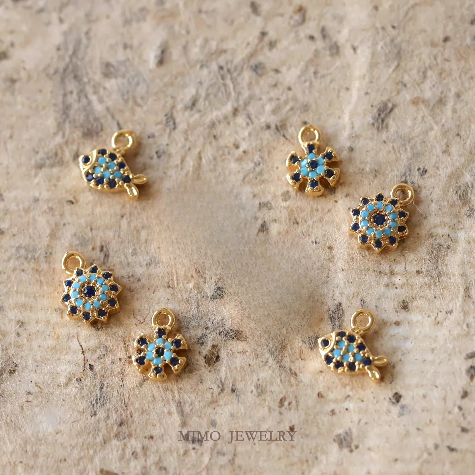 Copper Plated Gold Turkish Exotic Blue Diamond Four-Leaf Sun Pendant Charms For Jewelry Making DIY Bracelet Accessories Findings view 5