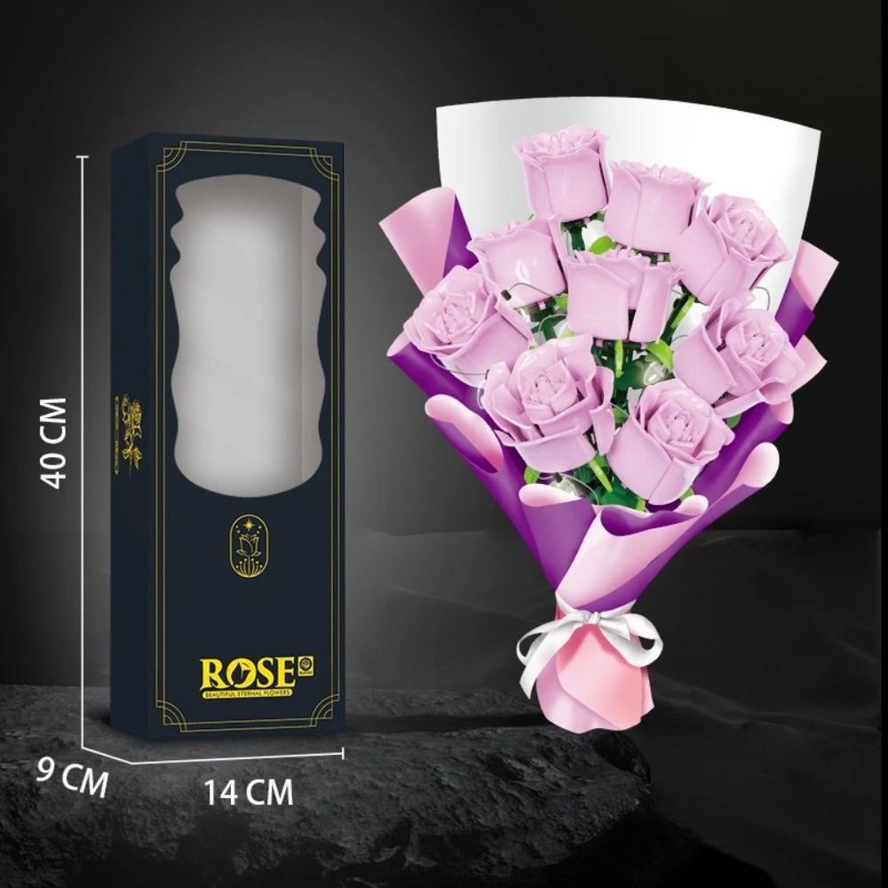 MOC Crystal Black Purple Red Rose Pink Blue Rose Flower Building Blocks Set Wedding Bouquet Plant Toys Children Birthday Gifts