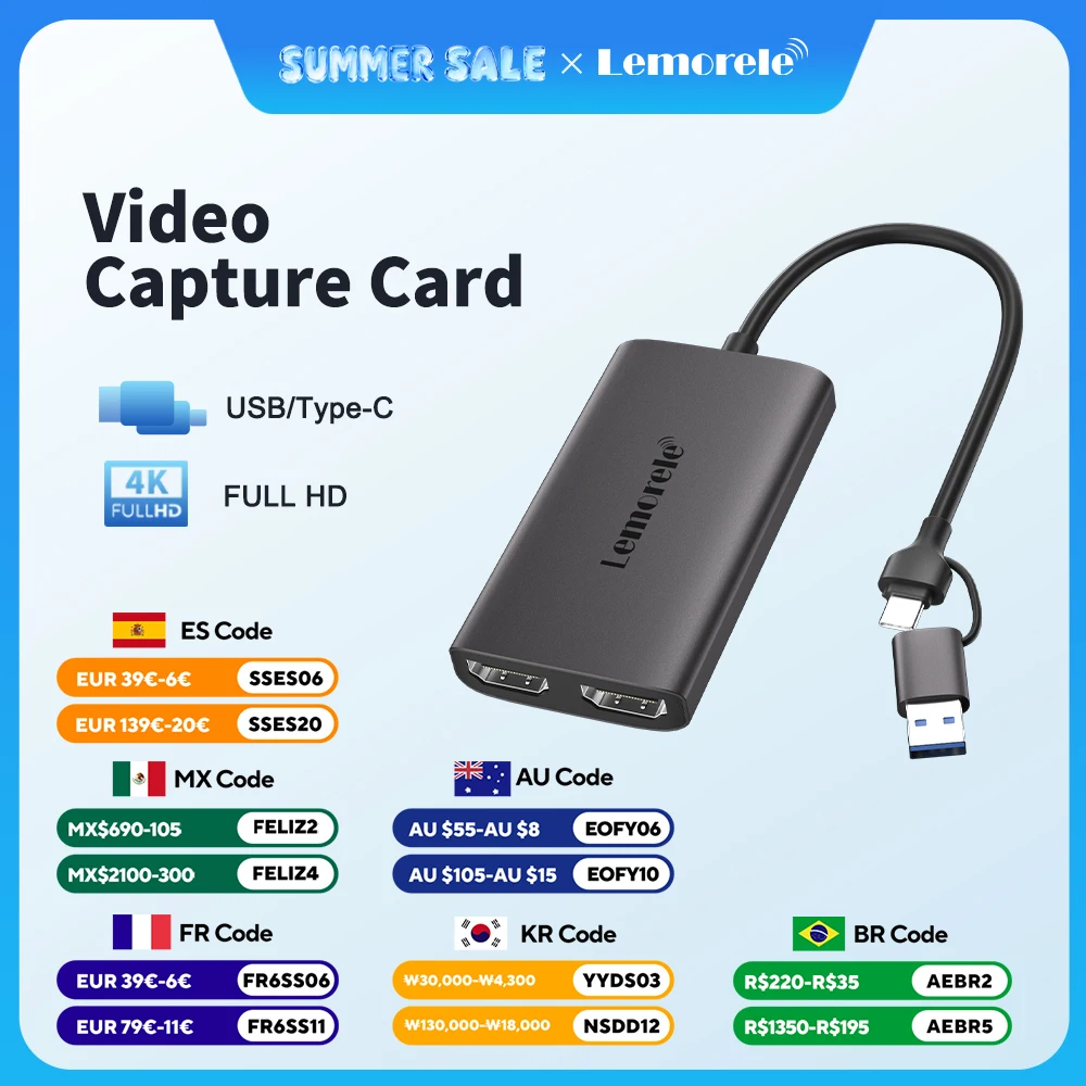 Lemorele Video Capture Card 4K HDMI-Compatible to USB/Type-C Live Streaming Recording Card Video Recorder for Switch Xbox PS4/5