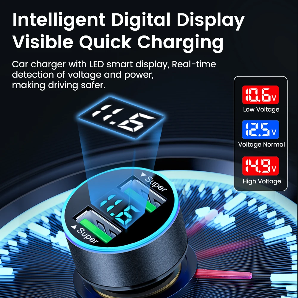 200W Mini Dual Ports USB Car Charger Super Fast Charging with Digital Display Quick Charging Adapter for IPhone Samsung Xiao mi