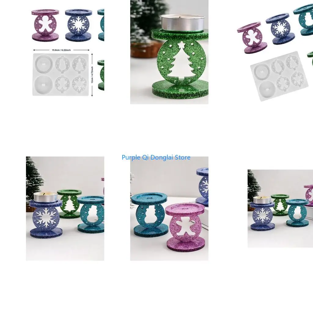 L21E Integrated Christmas Holder Casting Mold with Six Molded Sections, Reusable Silicone Form for Four Holiday Figure, Tree and
