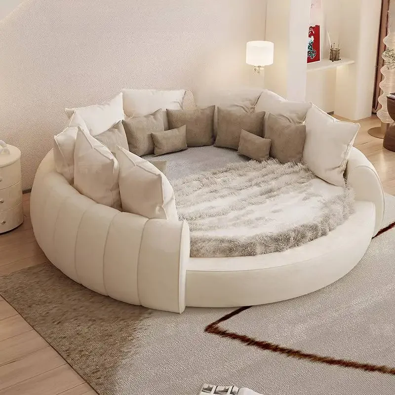 

White Duver Double Bed Board Decoration Adults Frame Luxury Double Bed Size Circle Modern Cama Matrimonial Furniture For Home