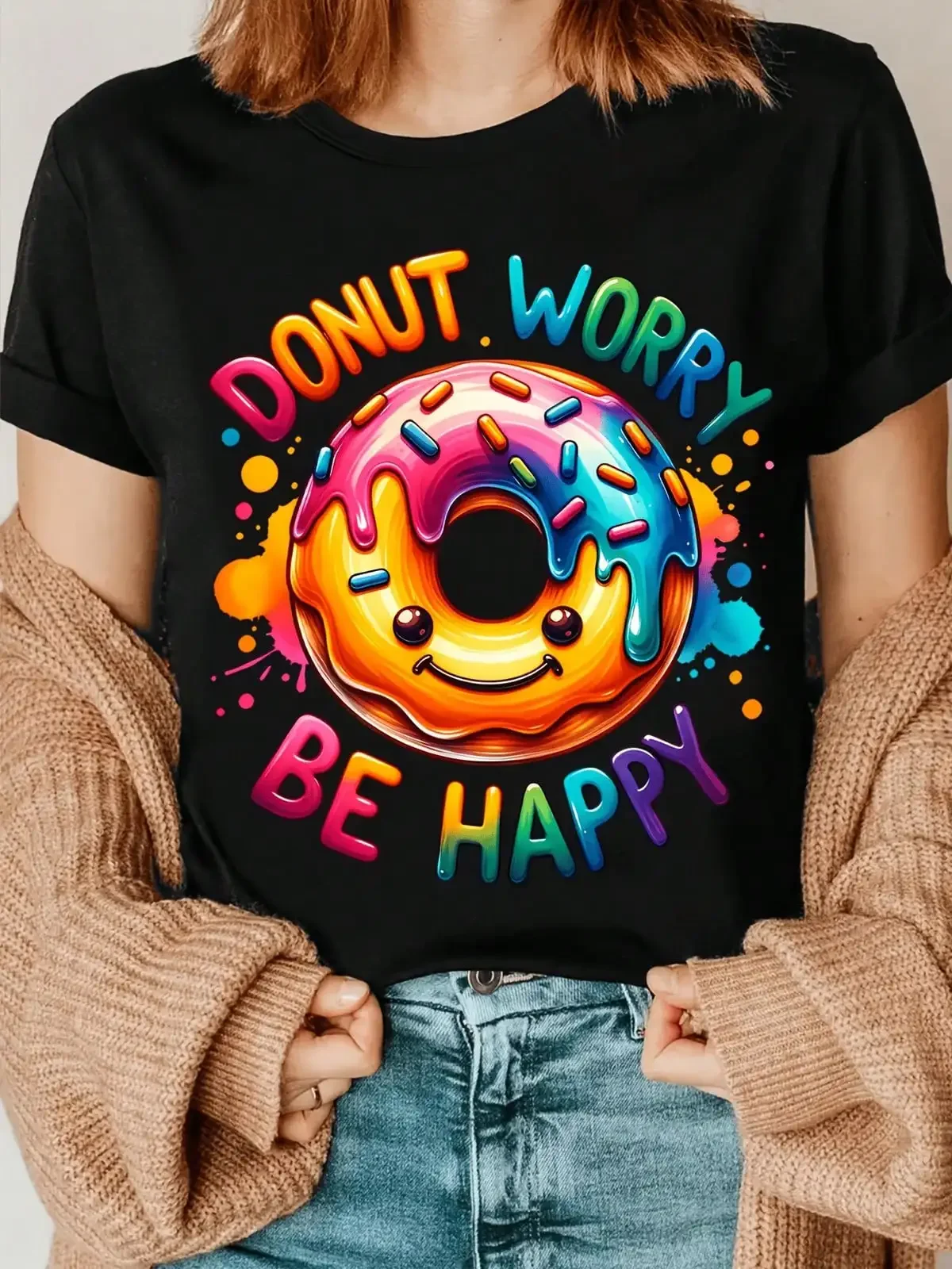 Don'T Worry Be Happy With This Colorful Donut Print TShirt Perfect For Donut Lovers A Great Gift For Those Who DonutsHappy Mother Day Shirt For Mom Best Mom Ever Graphic Tee Gift,Breathable And Comfortable Short-Sleeved Round-Neck Top