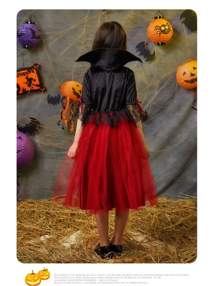 Girl Vampire Halloween Dress for Kid Ghost Bride Gothic Cosplay Vampire Costume Count Vampiran Carnival Outfit Black Red Clothes