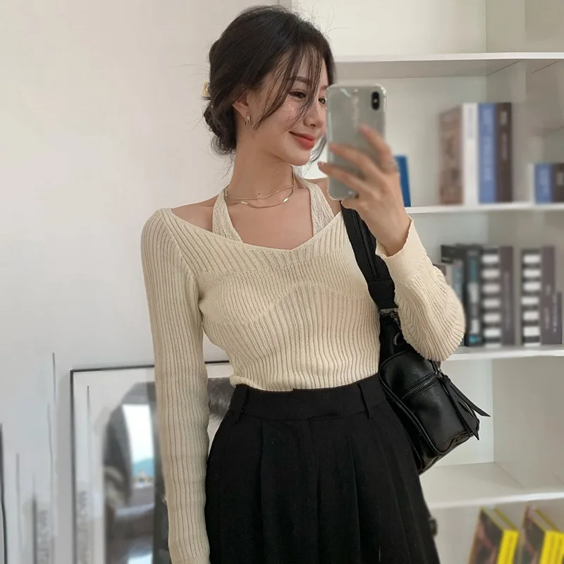 Long Sleeve Slim Hanging Neck Top Women Strapless Knit Sweater Long Sleeve Sexy Knit Thin Sweater