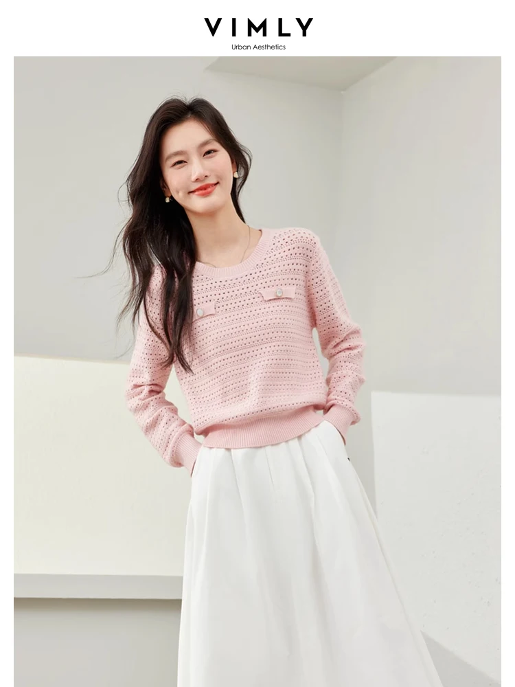 Vimly Pink O-neck Hollow Out Knitted Pullovers Woman 2024 Spring Women\'s Long Sleeve Top High Strecth Knitwear Clothing 30133