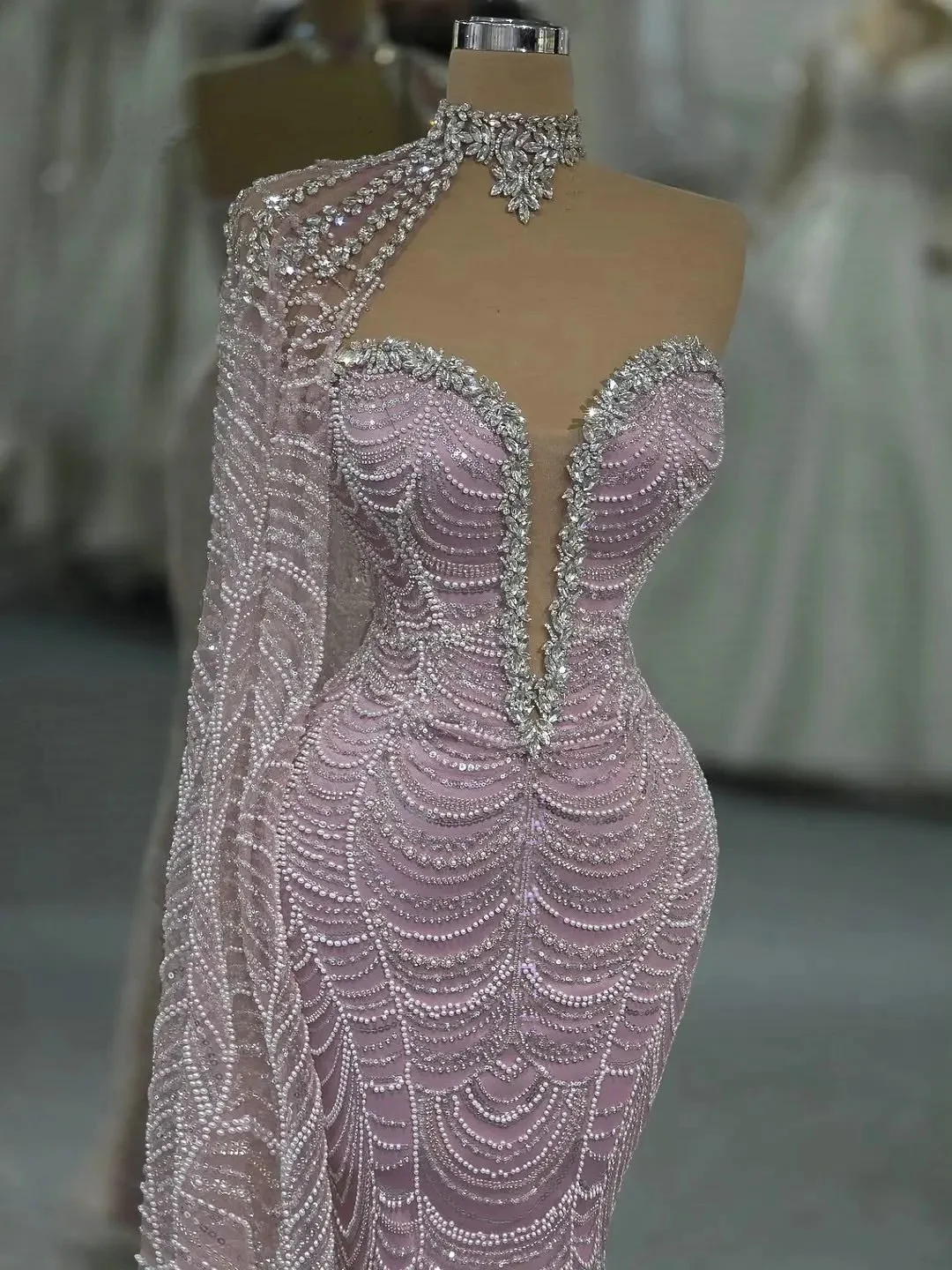 Elegant Evening Dresses Crystal Strapless Prom Gown with Cape Mermaid Sequins Beading Party Dress Customized Vestidos De Noche