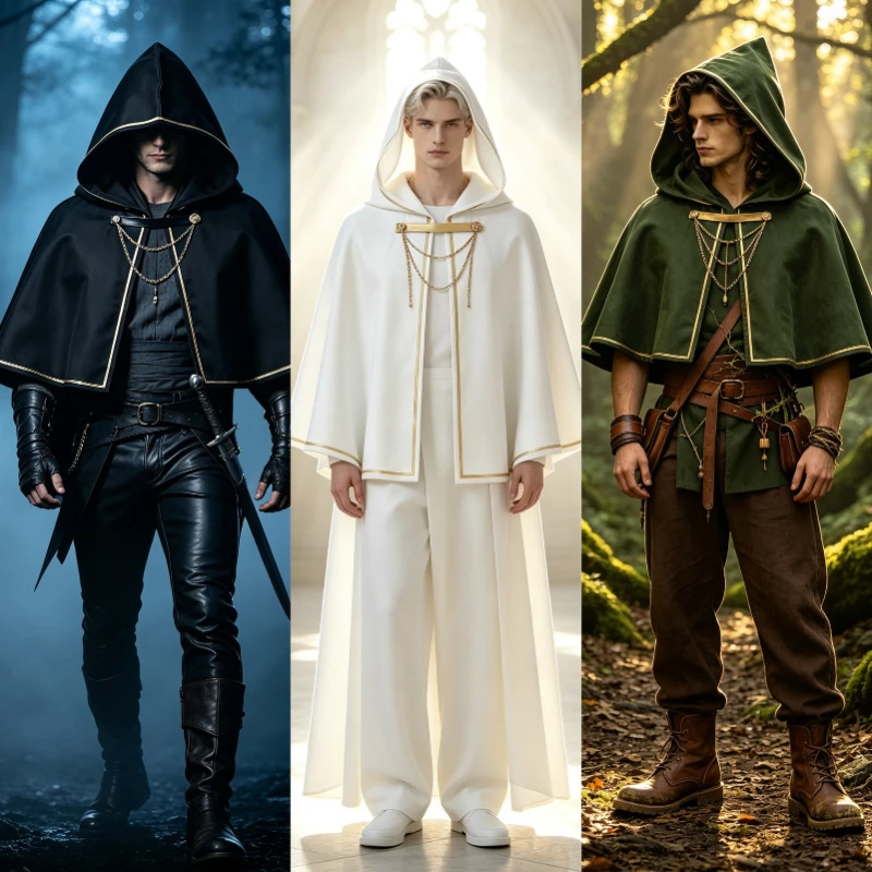Men Women Medieval Renaissance Hooded Short Cape,Gold Trim Chain Decor Cloak,Halloween Wizard Ranger Fantasy Role Play Costume